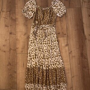 Roolee Brown and White Floral Midi Dress